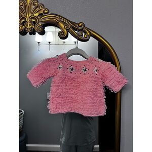 Vtg Handmade Crochet Pink Baby Sweater Dress Sweater & Bonnet Peach 3-6 months